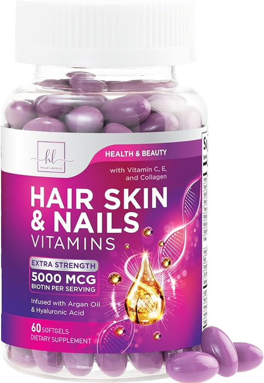 Hair, Skin & Nails Vitamins for Women - Biotin 5000mcg to Support Hair Growth with Argan Oil, Collagen & Hyaluronic Acid, Beautiful, Stronger Skin, Hair & Nails Vitamin Supplement - 60 Softgels