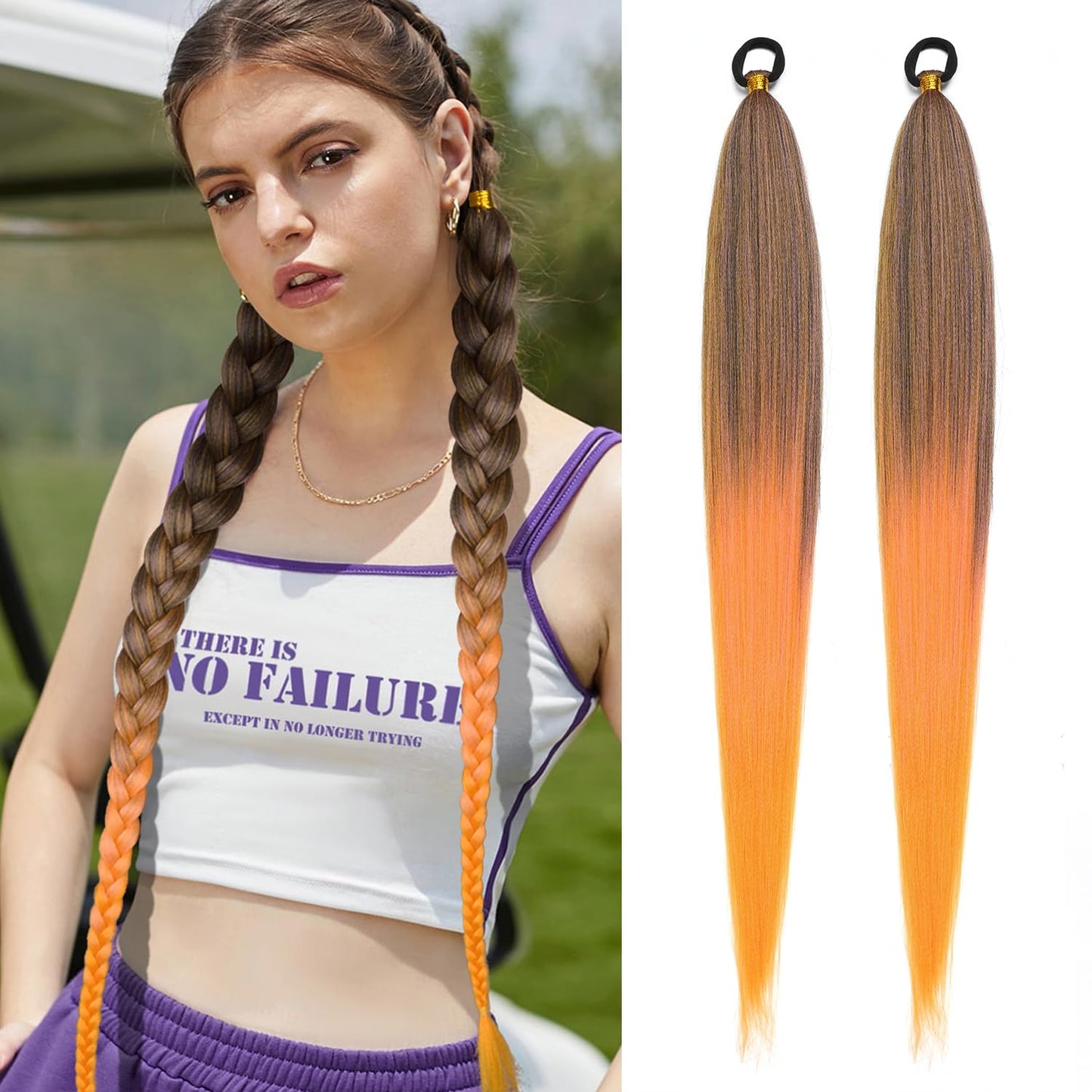 Braided Ponytail Extension, Ponytail Hair Extensions for Women With Hair Tie,for Kids Girls Women Highlight Party, Orange gradient Halloween Wig Synthetic Hair Pieces 26 Inch (Black/Pink/Orange#)
