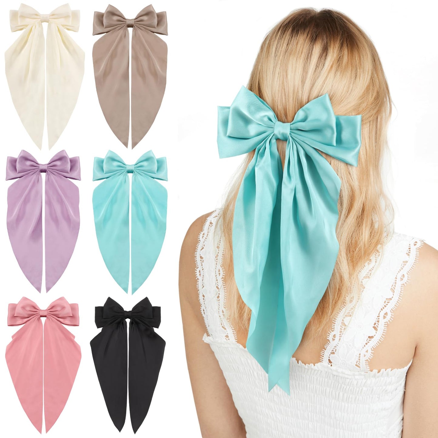 6 PCS Hair Bows for Women, Big Bow Hair Clips for Girls, Silky Satin Hair Bows Clips Oversized Long Tail, Large Cute Aesthetic Hair Accessories, Metal Bow Hair Clips Holiday Gifts