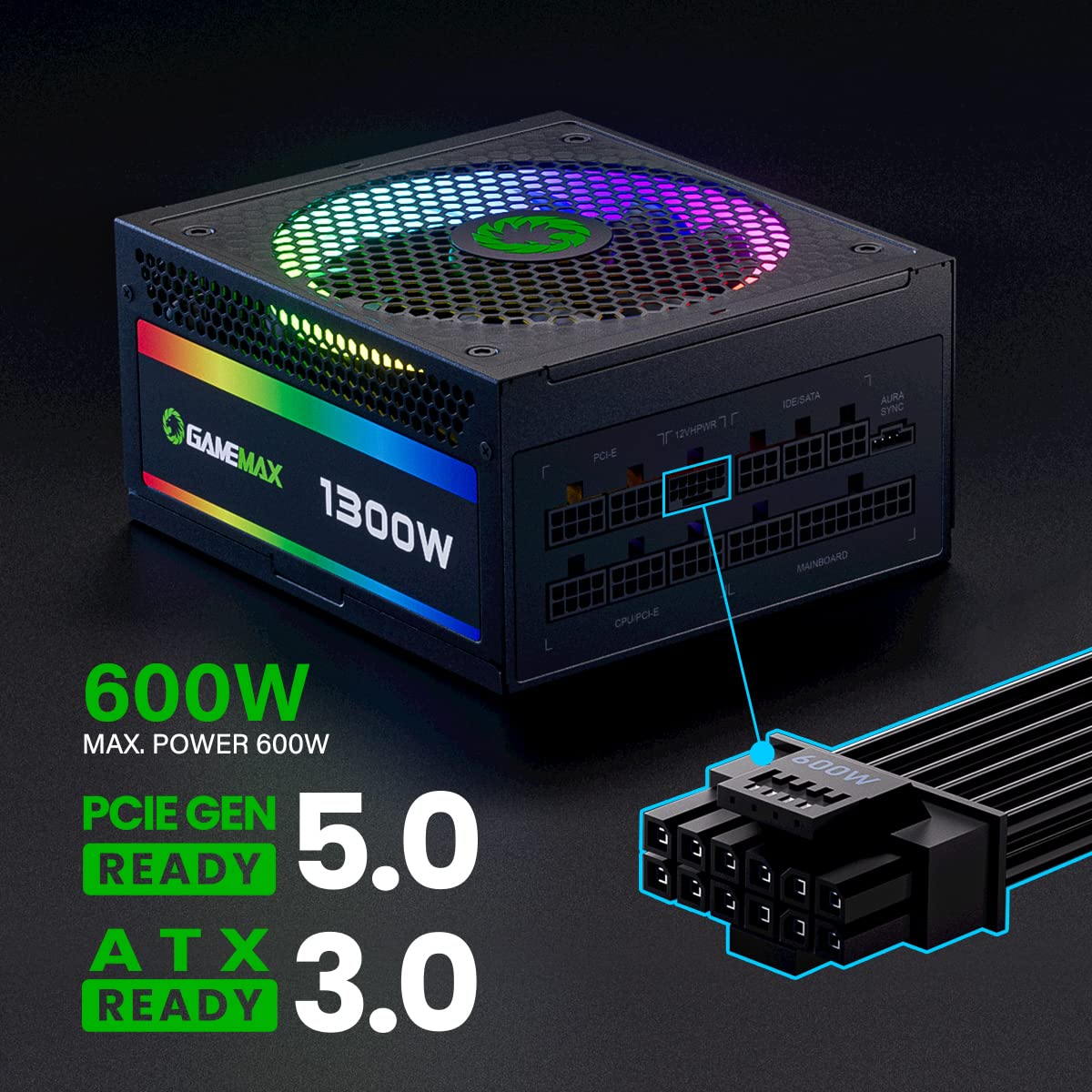 GAMEMAX 1300W Power Supply, ATX 3.0 & PCIE 5.0 Ready, 80+ Platinum Certified, Addressable RGB with 5V Motherboard Sync, 100% Japanese Capacitors, Fully Modular, RGB-1300