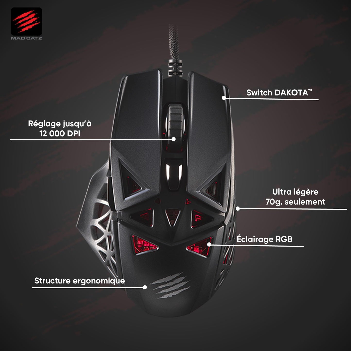 Mad Catz M.O.J.O. M1 Gaming Mouse - Light Weight 70g - 12000 DPI Optical Sensor–Built-in Customizable RGB lighting effect - Hollow Pyramid Design - Patented DAKOTA Switch - 40g Acceleration, Black