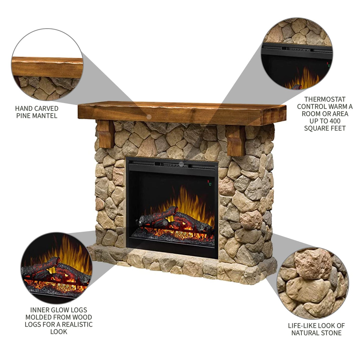 Dimplex Fieldstone Electric Fireplace with Mantel Surround Package | Pine with Natural Stone-Look, 26" - #GDS28L8-904ST