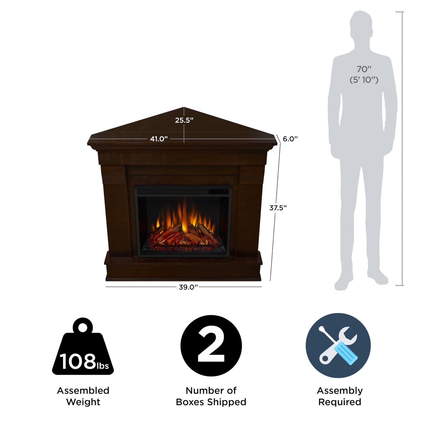 Real Flame Chateau 41" Corner Electric Fireplace with Mantel for Living Room or Bedroom, Replaceable Fireplace Insert Heater, Realistic Log and Flame Effect, Remote Control, Timer.