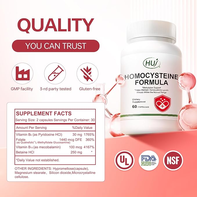 HUJ Homocysteine Formula Supplement - with B2, B12, Folate & Betaine HCl - for Homocysteine Metabolism & Methylation Support*- 60 Capsules