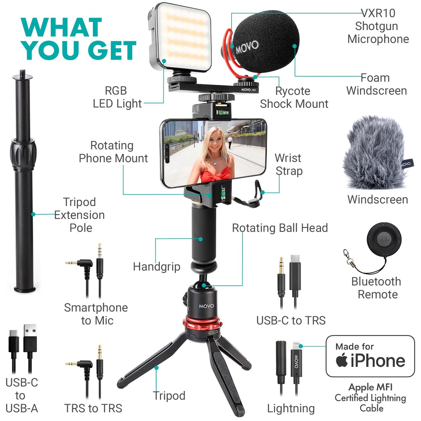 Movo iVlogger-PRO Vlogging Kit for iPhone/Android - YouTube Starter Kit for Content Creators - Accessories: Phone Tripod, Phone Mount, RGB Light and VXR10 Shotgun Mic