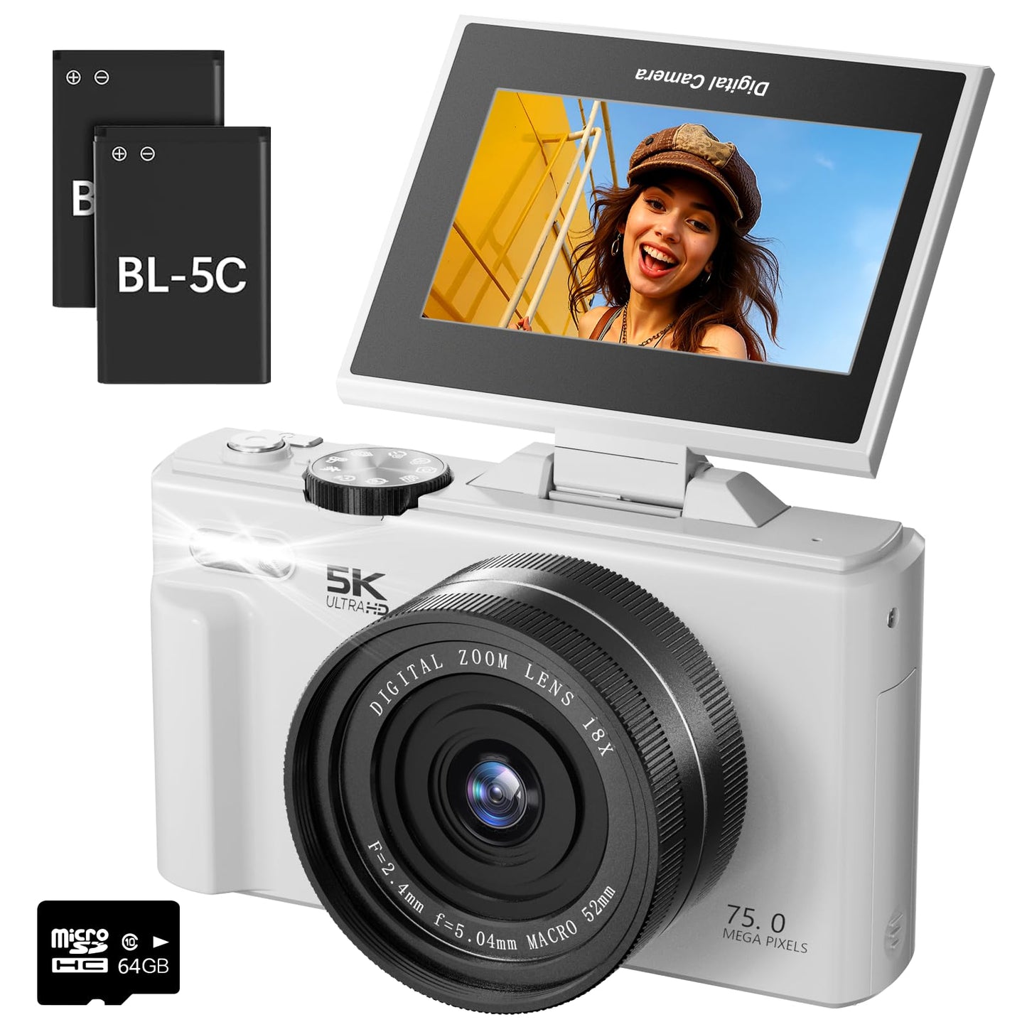 5K Digital Camera for Photography - 75MP Autofocus Vlogging Camera for YouTube with 64GB SD Card, WiFi, 18X Zoom 3" 180° Flip Screen Compact Travel Camera with 2 Batteries for Teens and Beginner