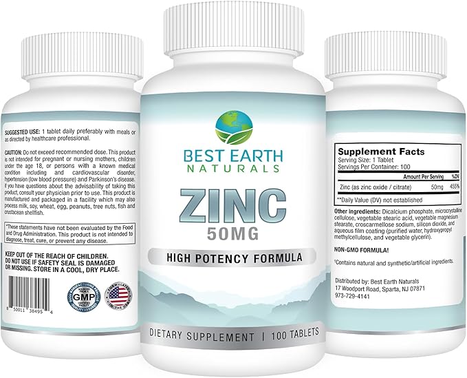 Best Earth Naturals 50 Mg Zinc Supplements - Immune Support Supplement - High Potency Natural Antioxidant - 100 Tablets (100 Day-Supply)