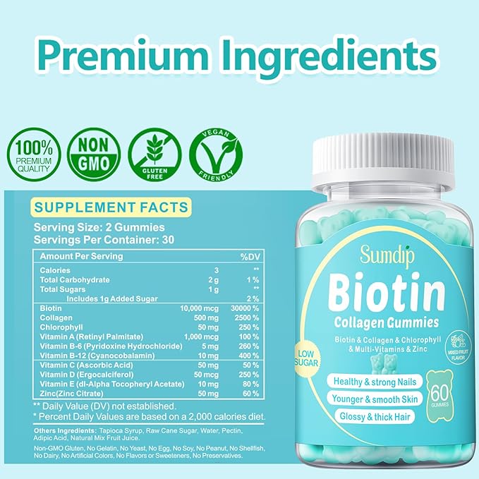 Biotin Gummies, Biotin 10,000mcg with Collagen Gummies for Hair Growth, Chlorophyll, Vatimin A, B6, B12, C, D, E, Vegan Natural Hair Skin and Nails Gummies for Men Women - 2 Packs