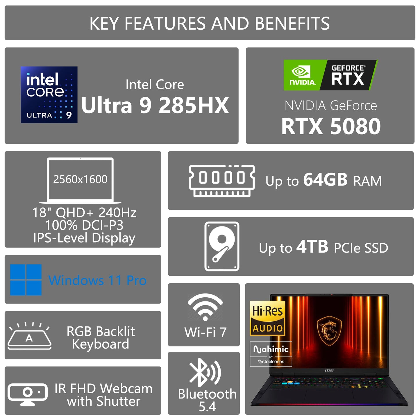 MSI Raider 18 HX Gaming AI PC Laptop | 18" QHD+ IPS 240Hz (100% DCI-P3) | Intel 24-Core Ultra 9 285HX (> i9-14900HX) | 32GB DDR5 4TB SSD | GeForce RTX 5080 GDDR7 DLSS4 Win11 Pro w/DLCA Accessory