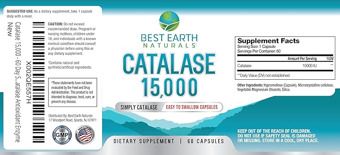 Best Earth Naturals Catalase Supplement 15,000 - Hair Supplements for Strong Hair - 60 Capsules (60-Day Supply)