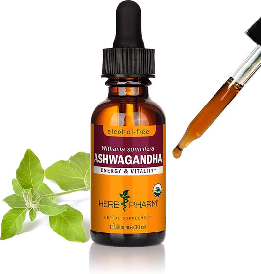 Herb Pharm Organic Ashwagandha Liquid Extract, Alcohol-Free: Mood Support Supplement, Vegan Ashwagandha Root Glycerite, Tasty Non-Bitter Adaptogen Extract for Adults, Non-GMO, 1 Oz