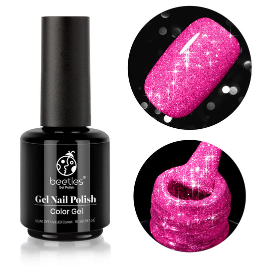 Beetles Reflective Gel Nail Polish Pink Gel Polish, 15ML Hot Pink Glitter Diamond Gel Color Soak Off Sparkle Gel Polish UV Nail Lamp Nail Art Manicure Salon DIY at Home Gifts