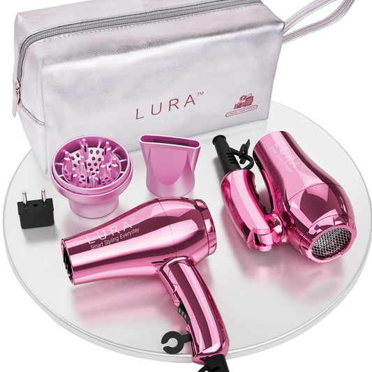 LURA Mini Portable Travel Hair Dryer:Dual Voltage Small Lightweight Blow Dryer with EU Plug,1200W Compact Hairdryer with Folding Handle,with Concentrator&Diffuser Attachment,for Women and Men