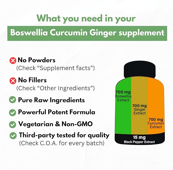 Boswellia Curcumin Ginger Extracts Supplement – Strong 95% Curcuminoids Natural Joint Support Pills – Extra Strength Boswelia with Turmeric Curcumin & Organic Ginger Supplement