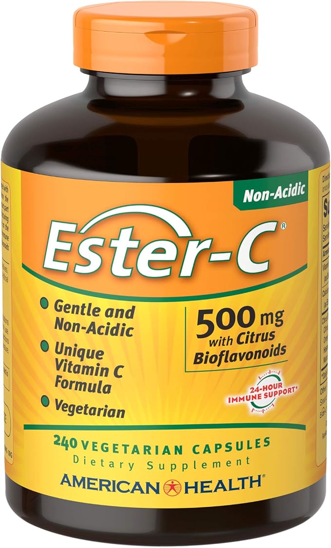 American Health Ester-C with Citrus Bioflavonoids Vegetarian Capsules- 24-Hour Immune Support, Gentle On Stomach, Non-Acidic Vitamin C - Non-GMO, Gluten-Free, Vegan - 500 mg, 240 Count, 120 Servings