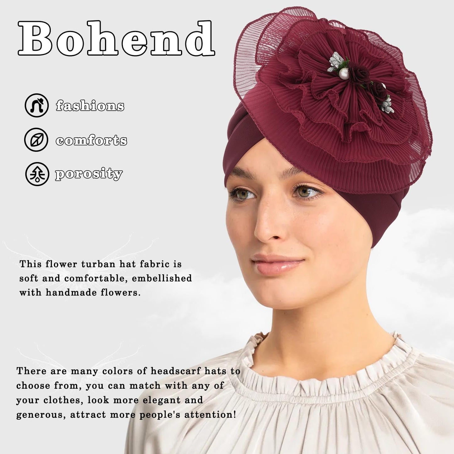 Bohend Flower Turbans Cap Pearl Knot Headwarp Beanie Pre Tied Head Cover Bonnet Women Muslim Stretchy Pleated Headscarf Hat (Polyester, red wine)