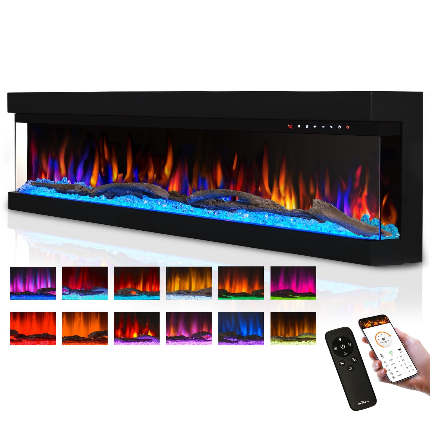 3 Sided Glass Built-in 60" Electric Fireplace - Multi-Color Flames, Heater, DIY Crystal & Log Set, Smart App & Remote Control