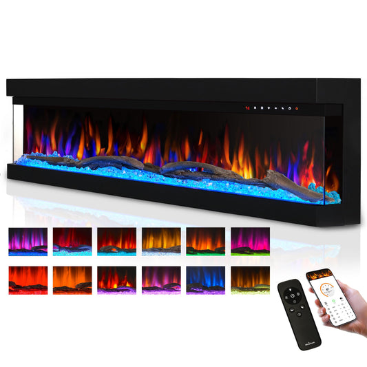 3 Sided Glass Built-in 60" Electric Fireplace - Multi-Color Flames, Heater, DIY Crystal & Log Set, Smart App & Remote Control