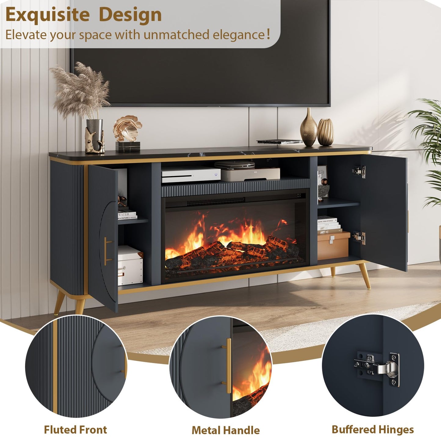 Fluted Fireplace TV Stand Up to 80" TVs, Modern Entertainment Center with 30" Electric Fireplace, Luxury Media Console with Adjustable Shelves for Living Room, Navy Blue