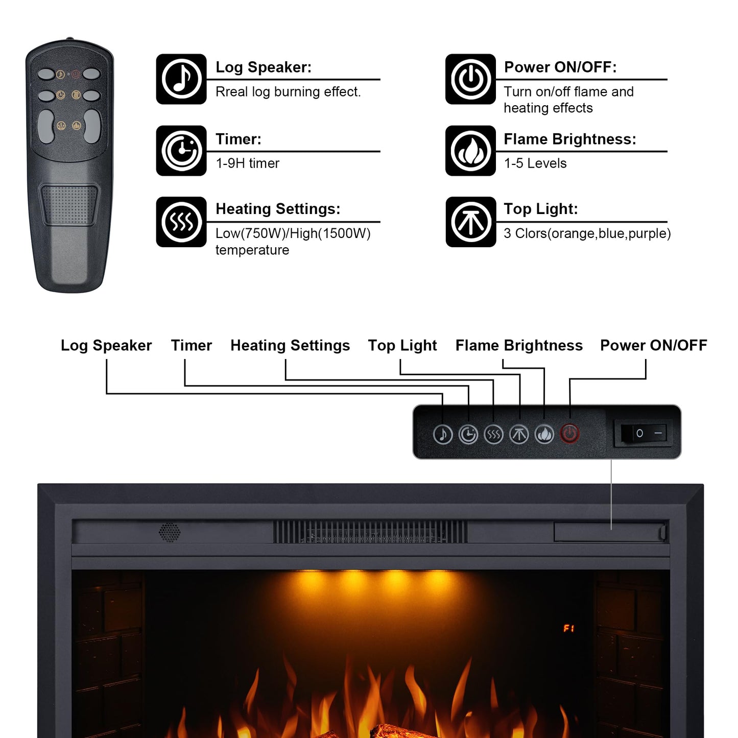 Valuxhome 43 Inches Electric Fireplace Heater Insert with Overheating Protection, Fire Crackling Sound, Remote Control, Thermostat, 750/1500W, Black