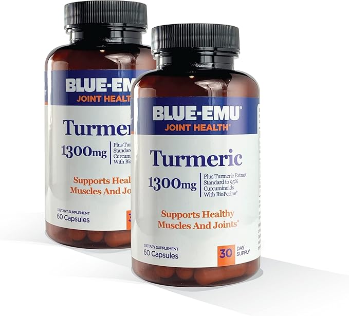 BLUE-EMU Joint Health Turmeric Extract Plus Bioperine Patented Black Pepper Extract for Enhanced Absorption,1,300 mg, 60 Capsules, 2 Pack