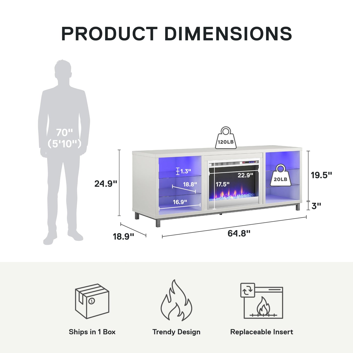 Ameriwood Home Lumina Fireplace TV Stand for TVs up to 70 Inch, Replaceable Electric Fireplace Insert Heater, Remote Control, Timer, Color Changing LED Lights, Crystal Ember Flames, White