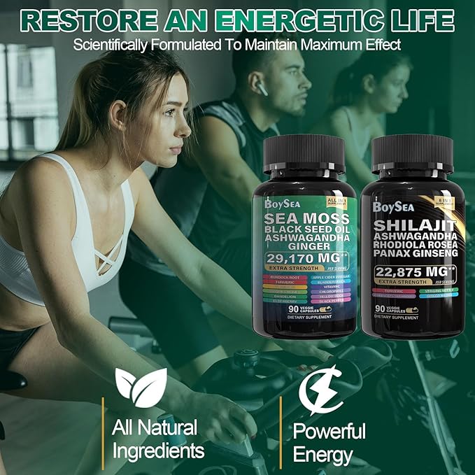 Boysea.Shilajit and Sea Moss Bundle - 90 Count - Sea Moss 7000mg, Black Seed Oil 4000mg, Ashwagandha 2000mg, Ginger & Shilajit 9000mg, Rhodiola Rosea 1000mg, All in 1 Supplements (2 Pack)