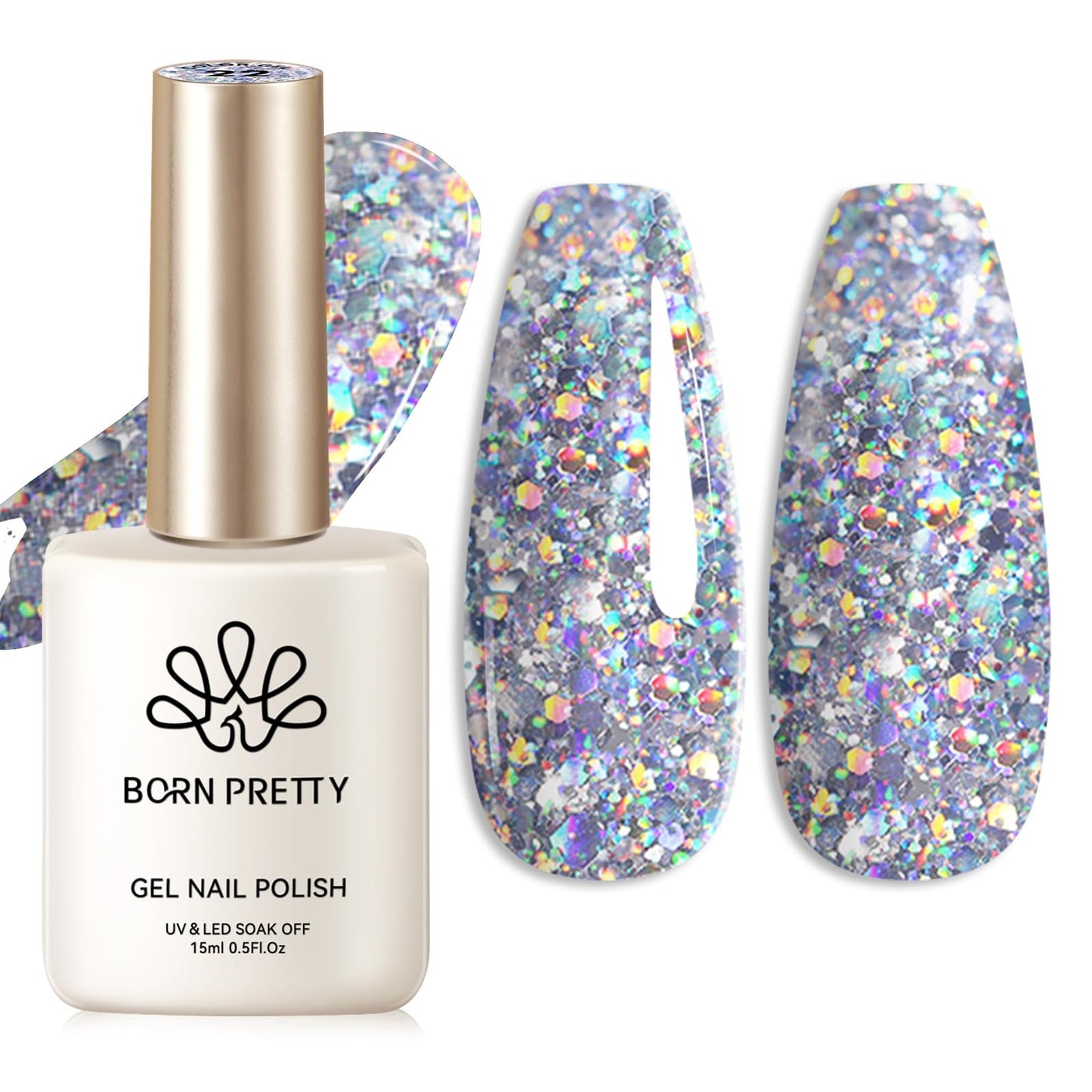 Born Pretty Silver Glitter Gel Nail Polish Shiny Silver Gel Polish Nail Art Design Manicure DIY at Home 15ml