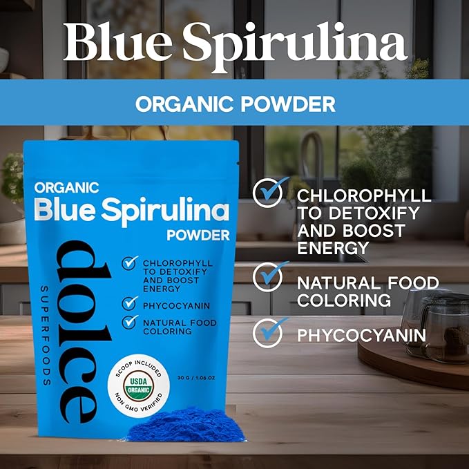 Blue Spirulina Organic Powder – Premium Non-GMO Blue Algae for Smoothies, Drinks, and Recipes – Antioxidants, Energy, and Skin Benefits – 1.06oz
