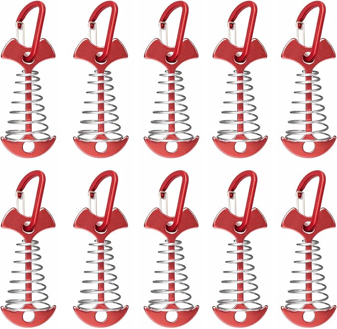 Fishbone Deck Anchor Pegs with Carabiners, Aluminium Deck Tent Stakes with Spring Buckle Aluminium Deck Windproof Tent Stakes for Outdoor Camping Hiking (10Pcs Red)