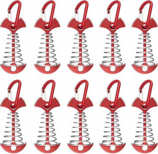 Fishbone Deck Anchor Pegs with Carabiners, Aluminium Deck Tent Stakes with Spring Buckle Aluminium Deck Windproof Tent Stakes for Outdoor Camping Hiking (10Pcs Red)
