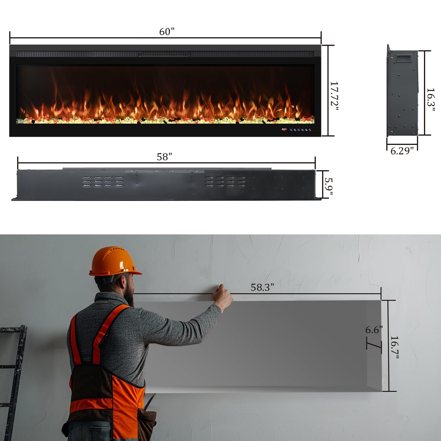 Mystflame 60 inch Electric Fireplace Inserts, Wall Mounted and Recessed Fireplace Heater, Remote & Touch Screen, Log Set & Crystal, 13 Adjustable Flame Color, Thermostat, 1-9H Timer, 750w/1500w
