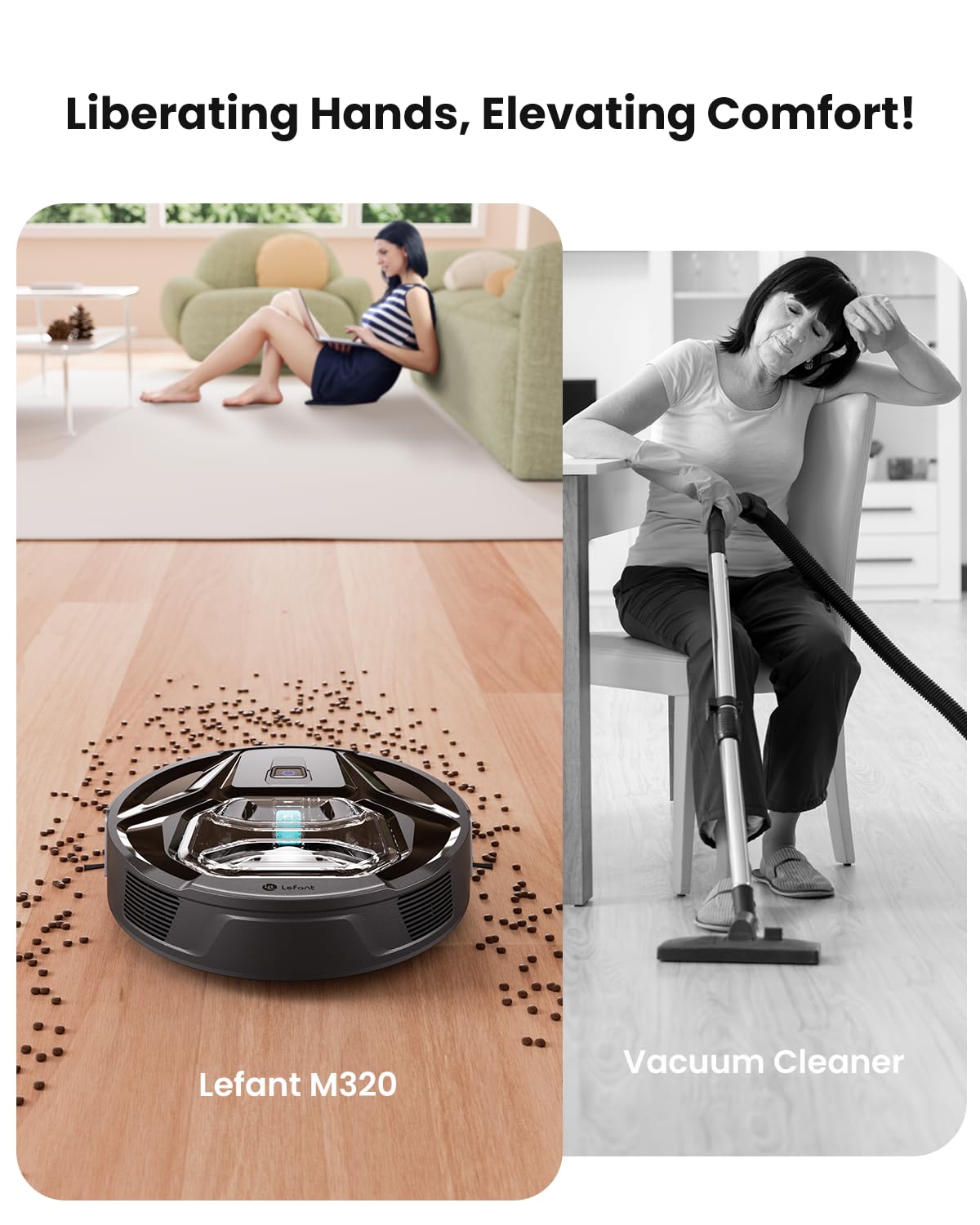 Lefant M320 Robot Vacuum Cleaner Featuring Carpet Detection, 6000Pa Powerful Suction, 210 Minutes runtime, Making it Ideal for Hard Floors and pet Hair, Black.