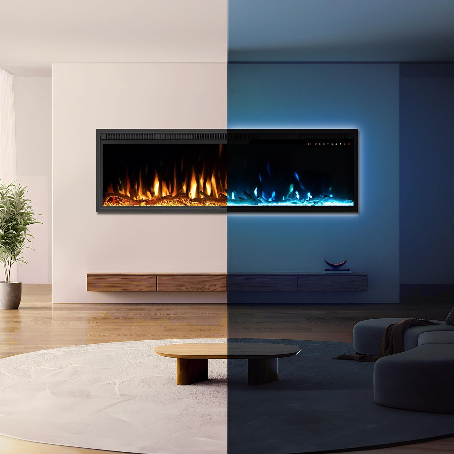 Riseon 36 Inch Electric Fireplace Heater, Recessed in-Wall and Wall-Mounted Linear Heater Fireplace,13 Adjustable Flame Color and 5 Brightness,Touch Screen & Remote Control,1500/750W, Black