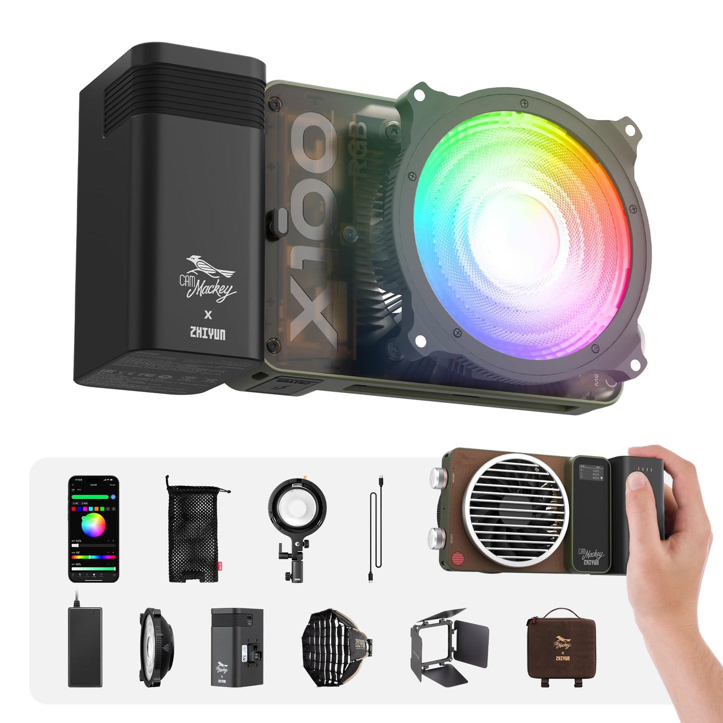 ZHIYUN MOLUS X100 RGB PRO 100W Video Light [Official] V2 Upgraded Version Professional Photography Lighting Portable Continuous Output Lighting 2500K~10000K CRI≥95 TLCI≥97 Only 384g for Youtuber TT