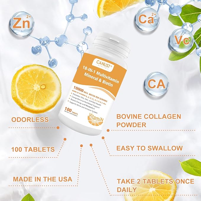 Hair Skin and Nails Multi-Vitamin for Men & Women, 10000mcg Biotin & Multimineral, Contains B-Vitamins, Vitamins C, E & D3, Trace Minerals, Zinc, Gluten-Free, Dairy-Free, Soy-Free, 100 Tablets