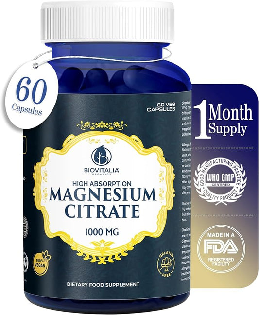 Biovitalia Magnesium Citrate Supplement for Sleep Heart Health Cognitive Health Bone Health Energy Muscles & Metabolism with Premium Magnesium - 60 Vegan 1000mg Capsules