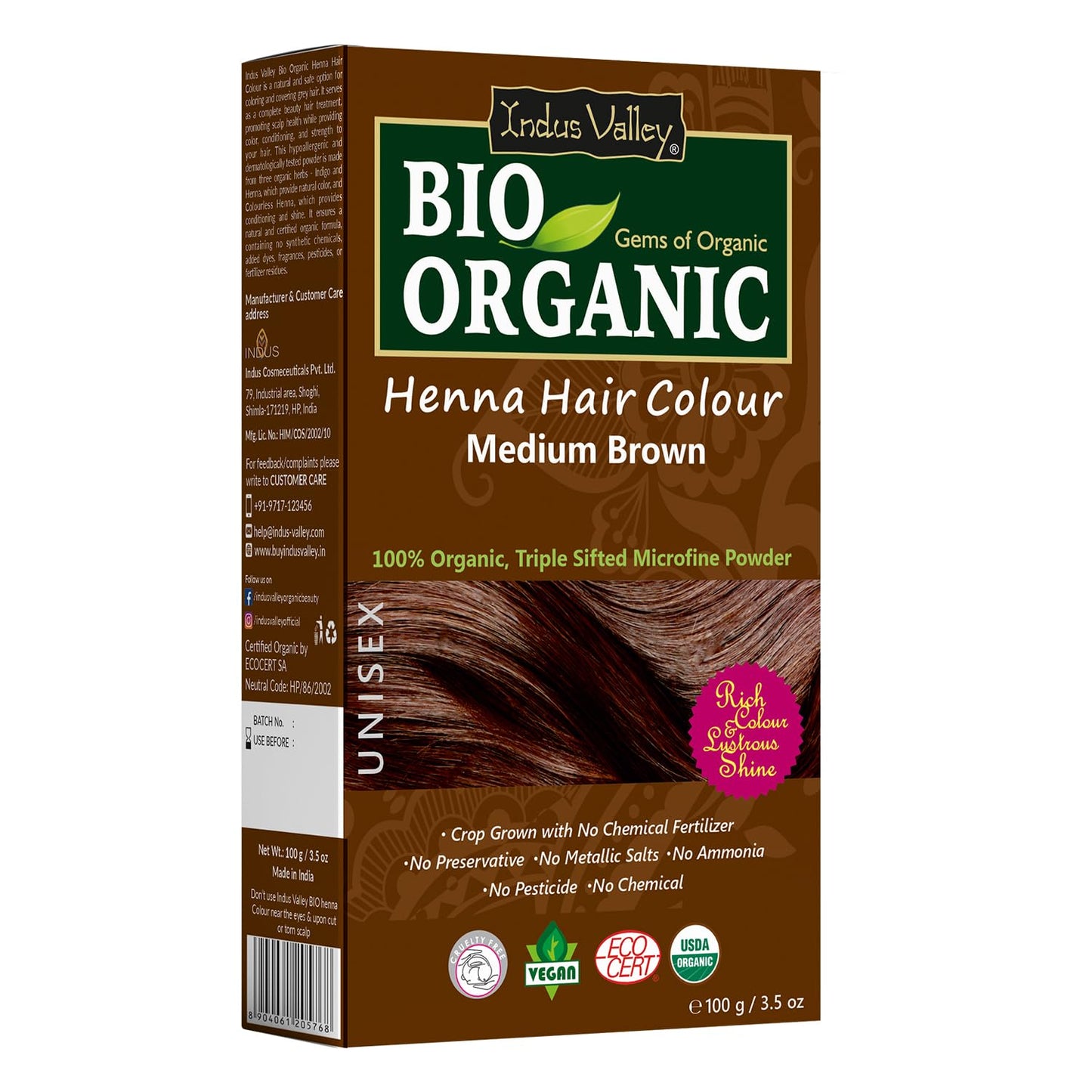 Indus Valley Bio Organic Natural Henna Hair Color Medium Brown 100gm| Natural Hair Colour, 100% Gray Hair Coverage And Long Lasting Hair Dye | Henna Powder Vegan and Cruelty-Free