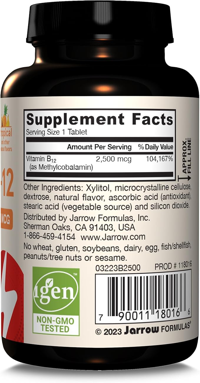 Jarrow Formulas Ultra Strength Methyl B-12, Dietary Supplement for Cellular Energy Production, 100 Tropical-Flavored Chewable Tablets, Up to a 100 Day Supply, Pack of 12