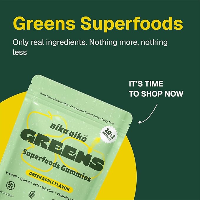 Greens Superfood Gummies, Boost Energy, Gut & Immune Support, Sugar-Free, Vegan with Broccoli, Spinach, Kale, Spirulina, Chlorella, Probiotics & Multivitamin, Apple Flavor, 60 Count