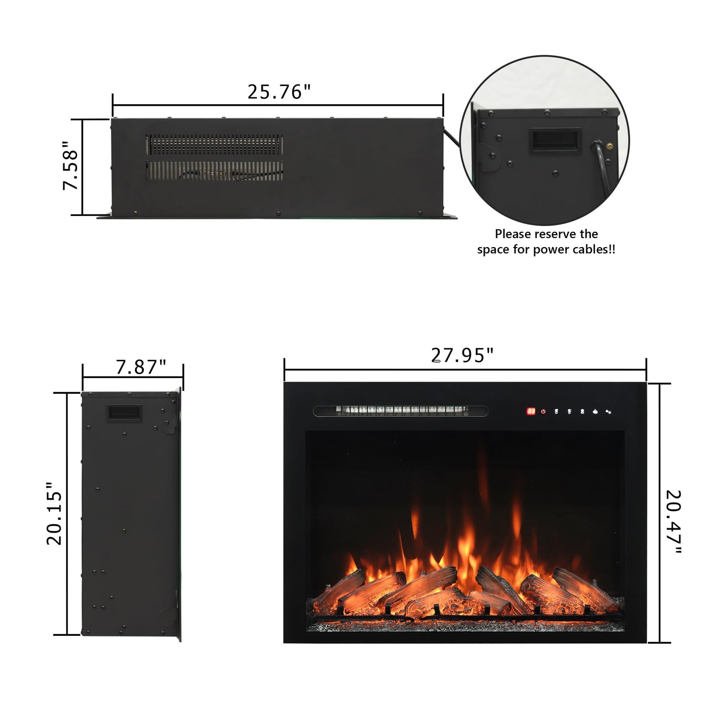 Oxhark Flame 28 in Wall Mounted & Recessed Electric Fireplace Inserts, Electric Fireplace Heater with Remote Control, 6 Levels Brightness, 9H Timer, Black, 1500W/750W