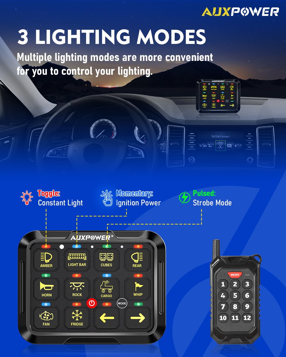 Auxpower 12 Gang Switch Panel B412 RGB Switch Panel with Wireless Remote Control Toggle Momentary Pulsed Remote Switch Panel 12V Automatic Dimmable Waterproof Switch Panel for Truck Car Marine Offroad