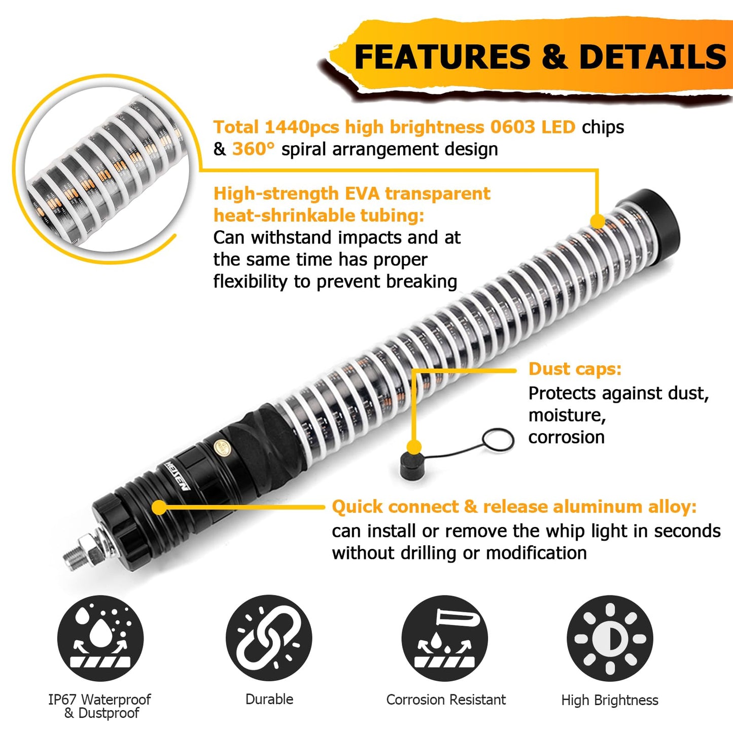 WeiSen 2PCS 1FT Fat COB Whip Light w/Brake Turn Reverse Light, Spiral RGB Chasing Lighted Whips with Plug & Play Rocker Switch Compatible with Polaris RZR Ranger Maverick X3 UTV ATV