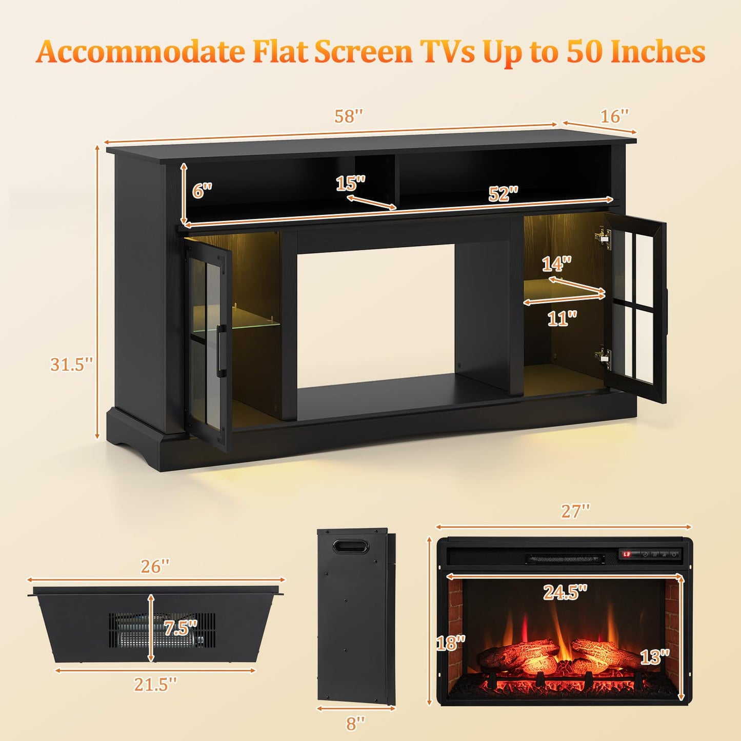 Tangkula Fireplace TV Stand for TVs Up to 65", Adjustable Shelves LED Light Entertainment Center with Electric Fire Place, for Living Room, Bedroom (Black)