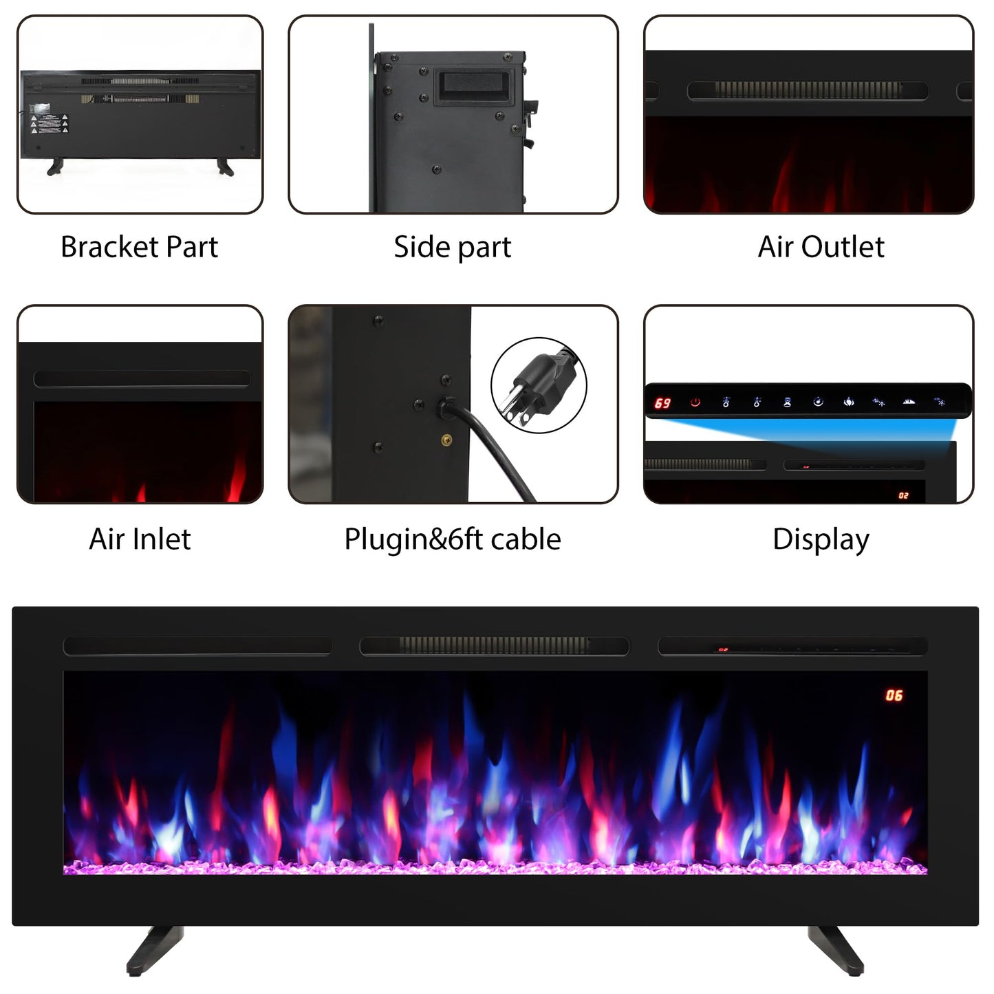 Oxhark Flame 54 Inches Electric Fireplace, Freestanding & Wall Mounted & Recessed, Electric Fireplace Heater with Remote Control, 196 Flame Combinations, 6 Levels Brightness, Timer, Black, 1500W/750W