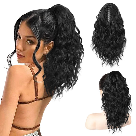 SEIKEA 14" Black Ponytail Extension, PT002 Tia Long Wavy Fluffy Thick Claw Jaw Clip in Fake Pony Tails Multi Layered Hair Extensions Ponytail Soft Natural Synthetic Hairpiece