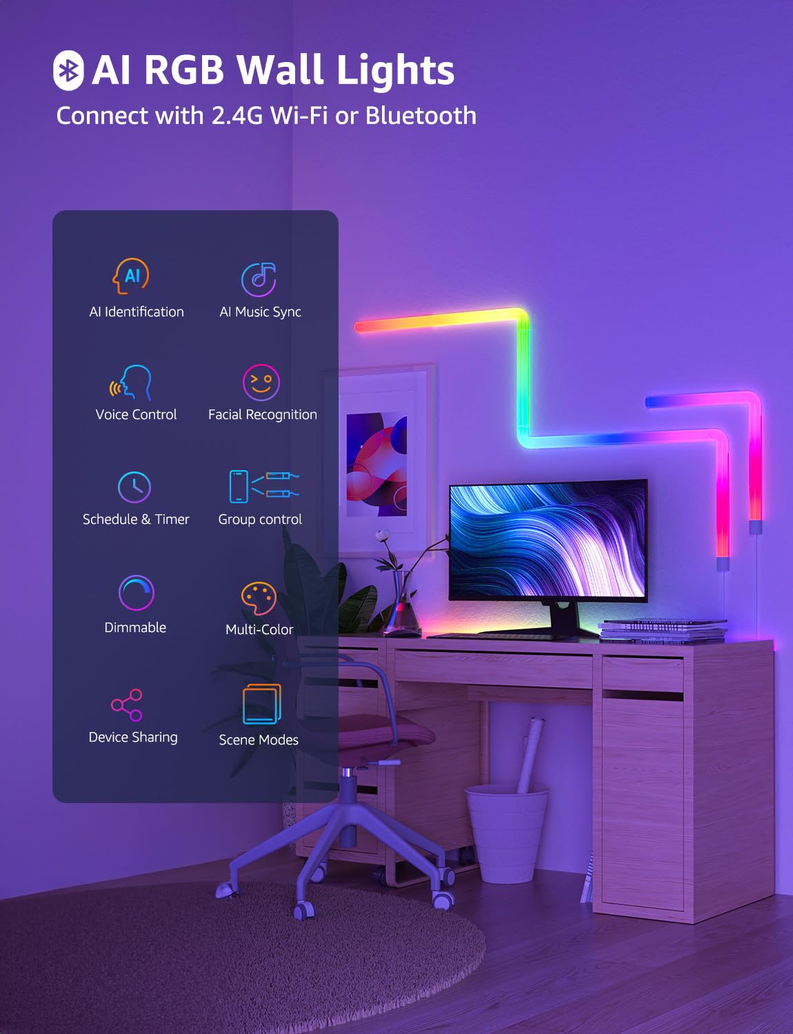 Lepro WL1 AI Smart RGB Wall Lights for Christmas Decorations, LLM AI Generated Lighting with LightBeats Music Sync, Voice Control Via App, Wi-Fi & Bluetooth LED Light Bars, 8 Pcs with 4 Corners