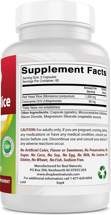 Best Naturals Red Yeast Rice with CoQ10, 120 Capsules - Cardiovascular Formula Contains 600 mg of Red Yeast Rice ans 30 mg of CoQ10