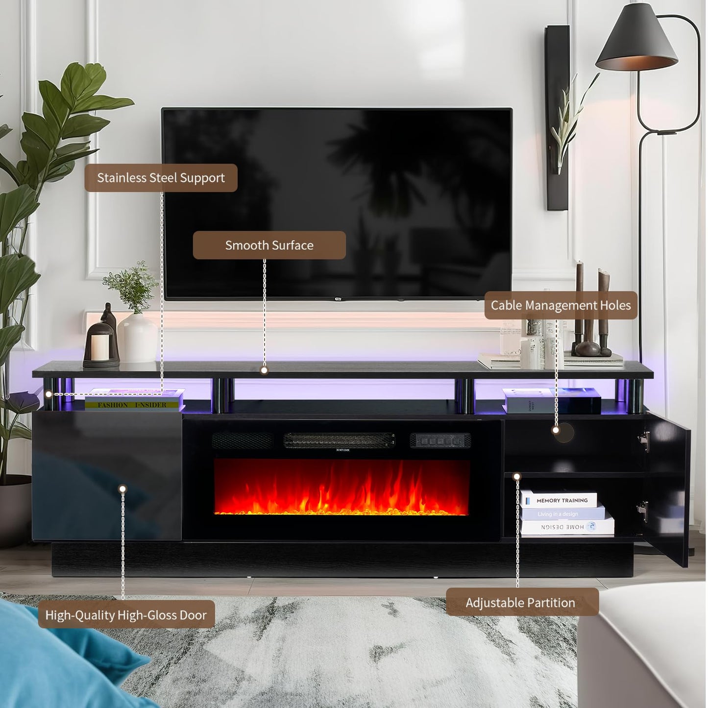 oneinmil Fireplace TV Stand with 36" Electric Fireplace,LED Light Entertainment Center,2 Tier TV Console Stand for TVs Up to 80",Fireplace for The Living Room TV Stand,Black