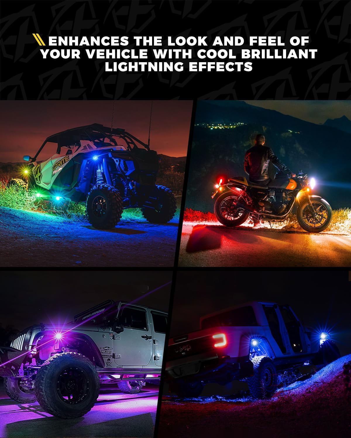 Xprite 2PC 5FT LED Whip Lights and 6 Pods RGB Rock Lights Kit w/Bluetooth App & Remote Control, Wide Angle Rock Light for Trucks and Spiral LED Light Whips for Side by Side w/Stop/Signal/Reverse Mode
